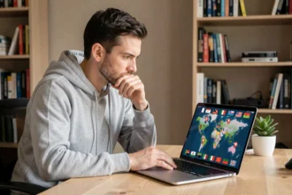 Homme configurant son VPN sur un ordinateur portable avec une carte du monde affichée à l'écran