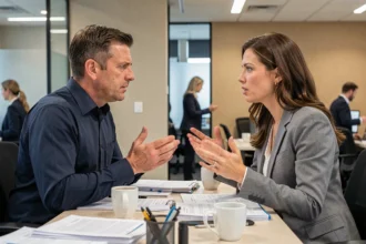 Deux collègues de travail en situation de conflit professionnel dans un bureau moderne
