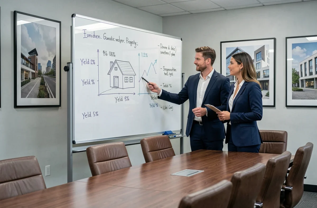 Deux conseillers financiers discutant des rendements de SCPI devant un tableau de chiffres en salle de réunion