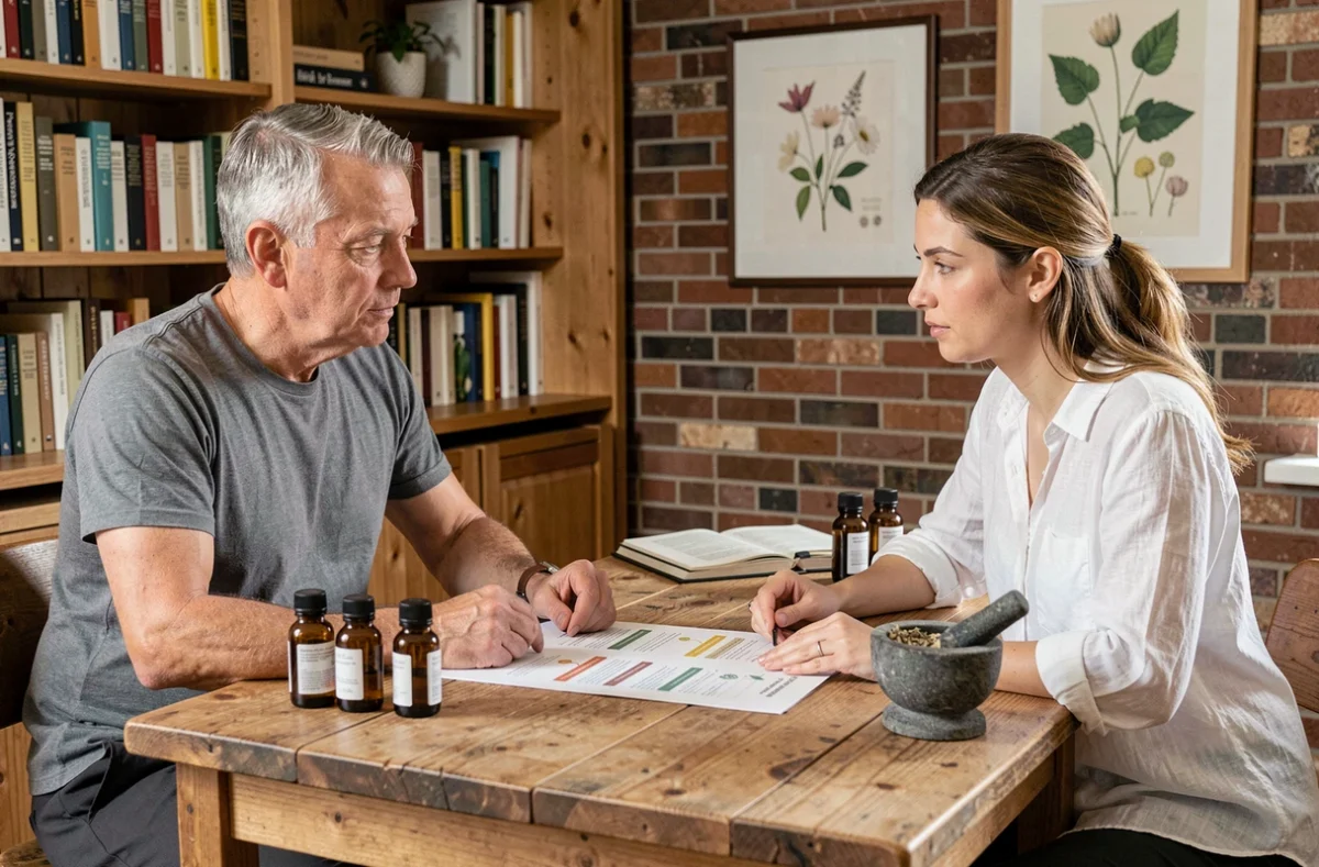 Consultation naturopathique avec phytothérapie et plan nutritionnel entre praticienne et patient adulte