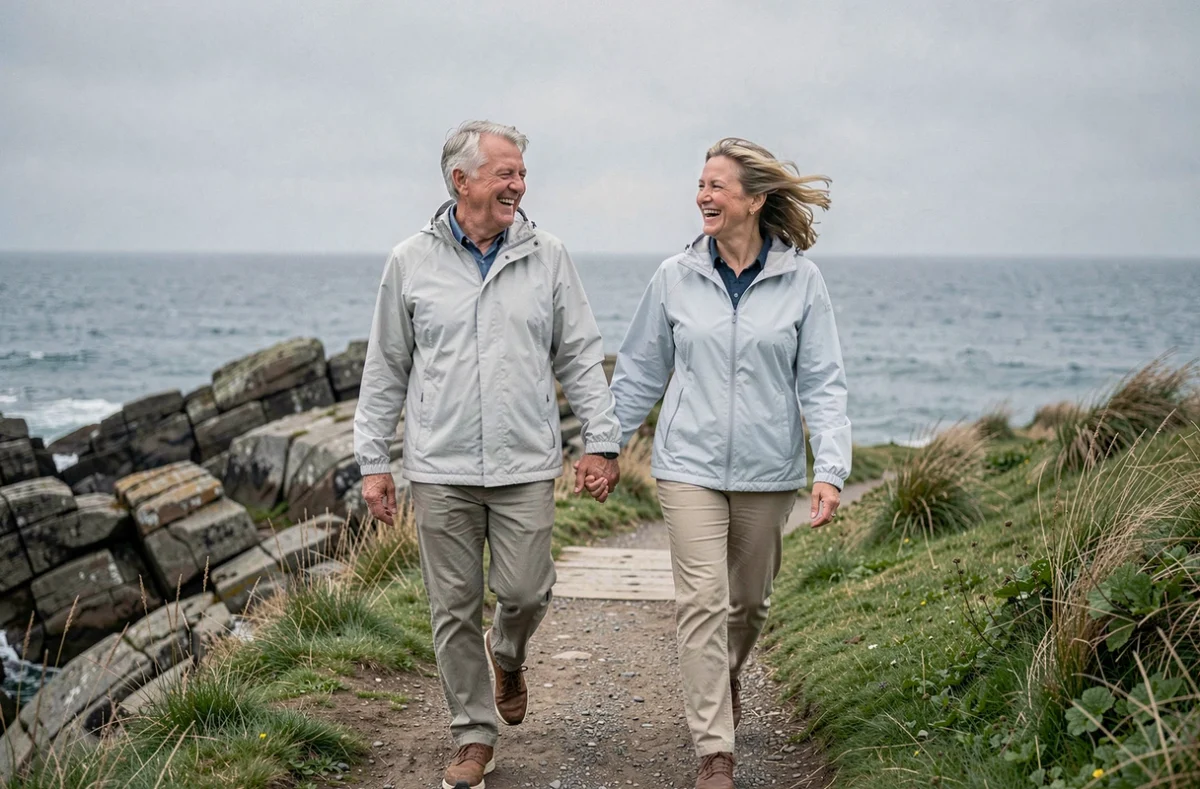 Couple âgé marchant main dans la main sur un sentier côtier, symbole d'une vie amoureuse épanouie après 70 ans