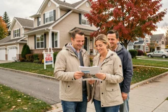 Couple français devant une maison canadienne à vendre avec panneau immobilier et feuillage automnal