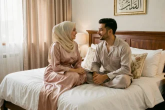 Couple marié musulman partageant un moment de sérénité dans leur chambre, illustrant la vie conjugale en Islam