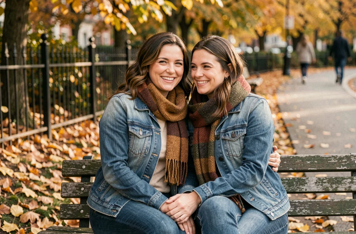 Deux personnes partageant un moment complice dans un parc en automne, évoquant l'attraction gynosexuelle et les relations affectives