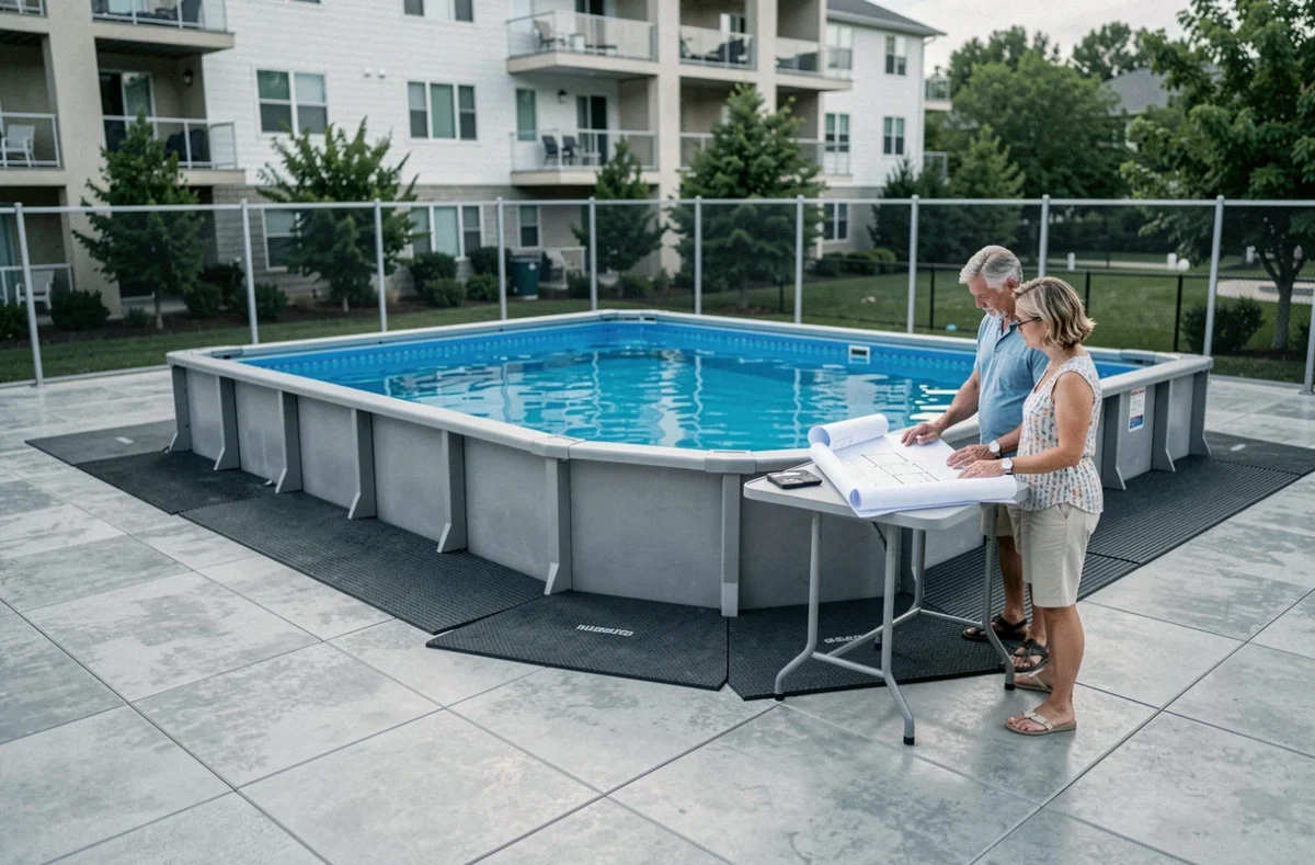 Couple consultant des plans architecturaux sur une terrasse en béton poli avec une piscine hors-sol à structure métallique installée