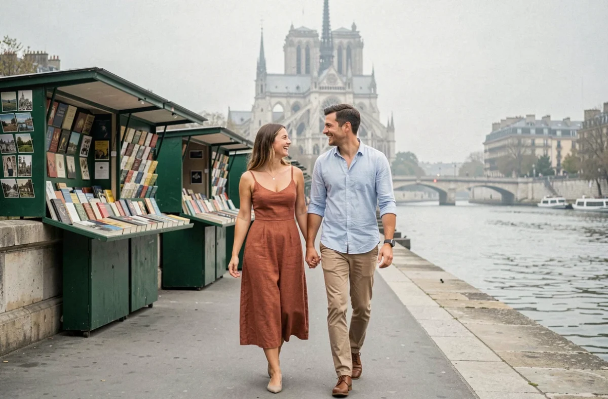 Couple se promenant le long des quais de la Seine avec les bouquinistes et Notre-Dame en arrière-plan