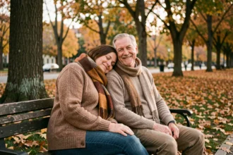 Couple de seniors complices assis sur un banc en automne, illustrant l'amour et la tendresse à un âge avancé