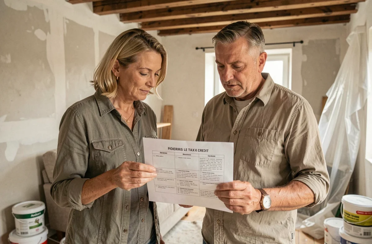 Couple examinant une liste de travaux de rénovation déductibles des impôts dans un appartement en rénovation