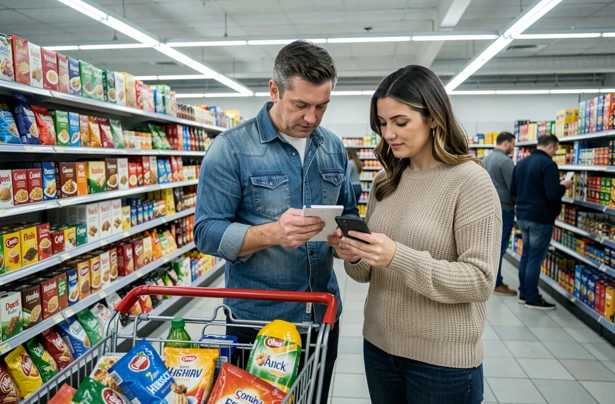 Couple comparant des produits en supermarché avec une liste de courses sur smartphone pour gérer le budget alimentaire familial