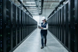 Ingénieure inspectant des rangées de serveurs dans un datacenter de supercalculateurs moderne