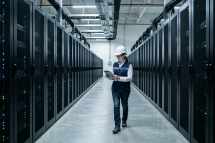 Ingénieure inspectant des rangées de serveurs dans un datacenter de supercalculateurs moderne