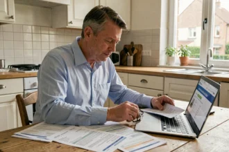 Homme consultant des documents fiscaux et factures de travaux à domicile pour déclaration aux impôts