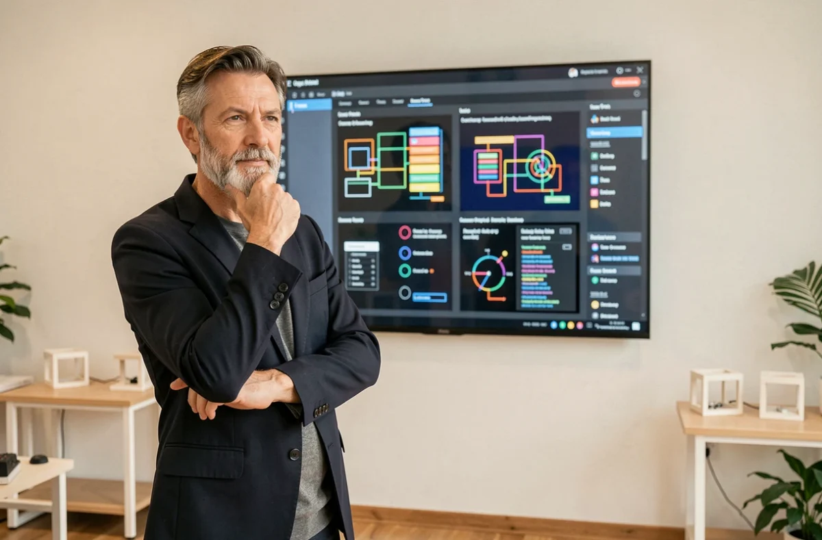 Un designer senior réfléchit devant un écran de prototypage dans un studio de design épuré, symbolisant le processus d'innovation chez Apple