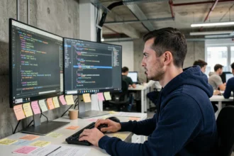 Développeur analysant les réponses d'un serveur LLM sur des écrans de terminal dans un bureau tech moderne