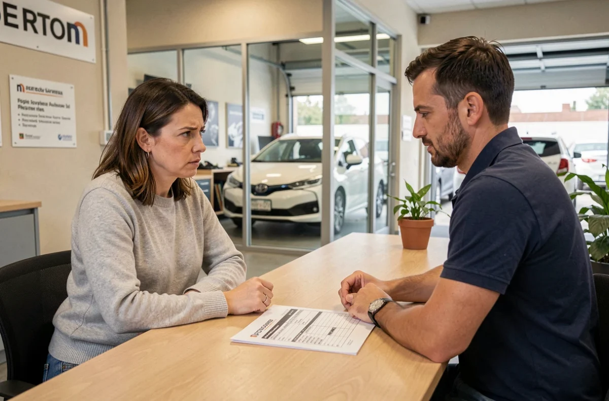 Cliente discutant du devis de remplacement d'une batterie hybride avec un conseiller en concession automobile