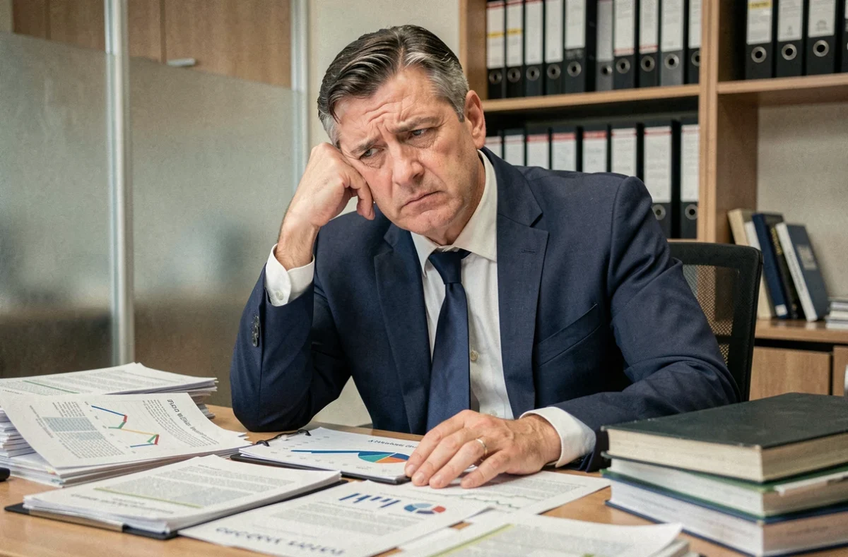 Directeur d'agence bancaire d'une cinquantaine d'années, visage tendu et fatigué, assis à son bureau encombré de documents financiers et graphiques à la baisse, évoquant la crise bancaire