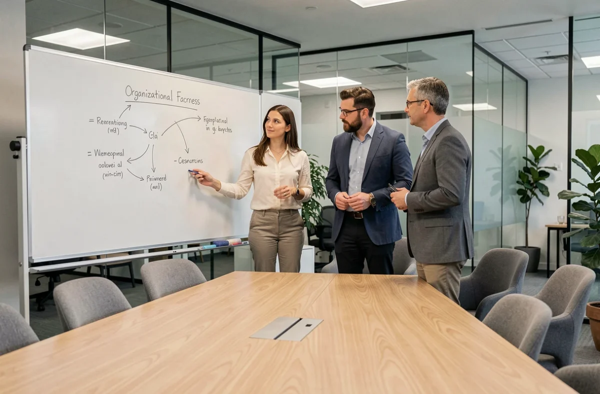 Équipe de professionnels discutant de la théorie de l'équité organisationnelle autour d'un tableau blanc en salle de réunion
