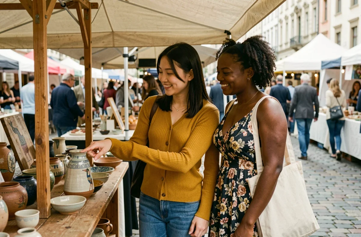 Deux femmes de cultures différentes explorant ensemble un marché artisanal urbain, symbolisant l'enrichissement mutuel de la diversité