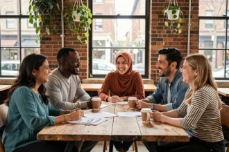 Groupe de personnes de cultures différentes réunies autour d'une table dans un espace de coworking, illustrant la richesse de la diversité culturelle