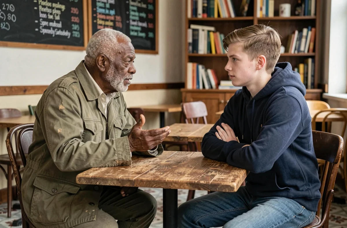 Un homme âgé et un jeune homme de générations et d'origines différentes en conversation profonde dans un café, évoquant l'apport de la diversité intergénérationnelle