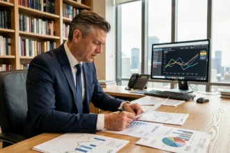 Économiste analysant des graphiques du PIB et les effets de la politique monétaire dans un bureau professionnel