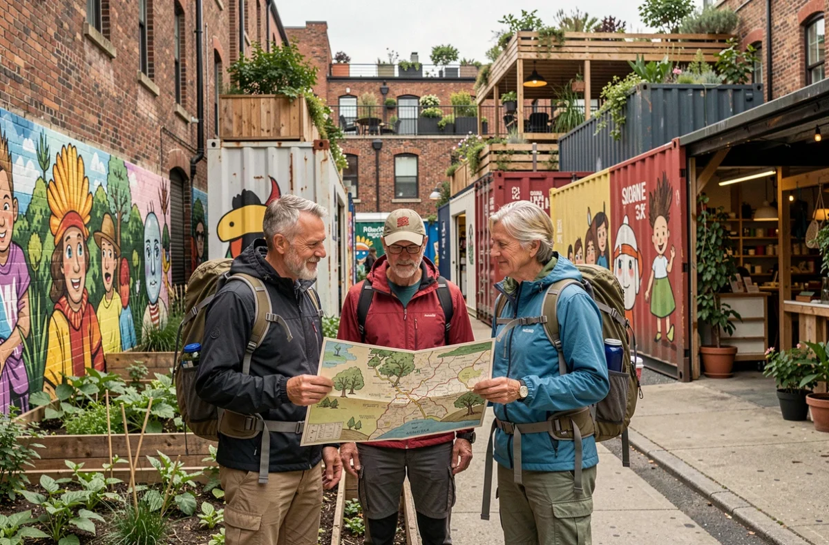 Groupe de touristes avec un guide local dans un quartier durable avec jardins communautaires et commerces éco-responsables