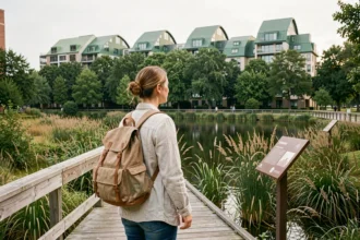 Femme explorant une passerelle en bois au-dessus d'une zone humide urbaine avec skyline écologique en arrière-plan