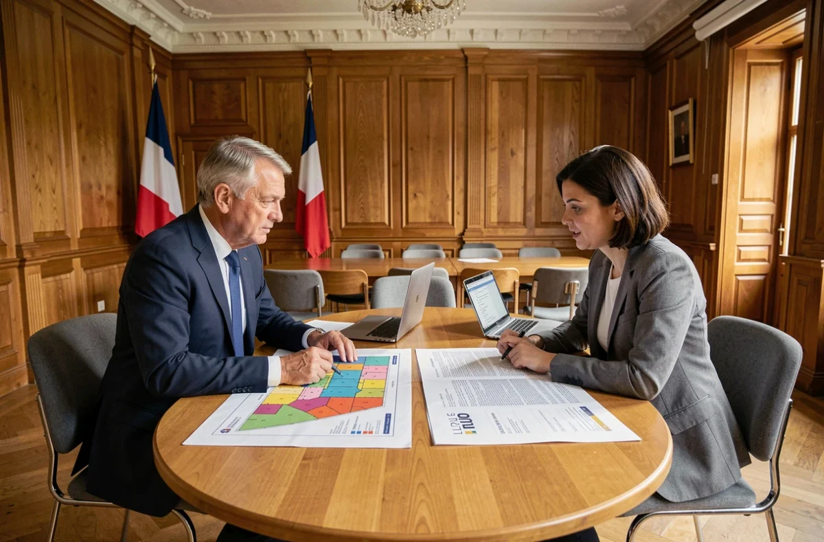 Deux élus municipaux comparant un plan de zonage et un PLU dans une salle de réunion de mairie française