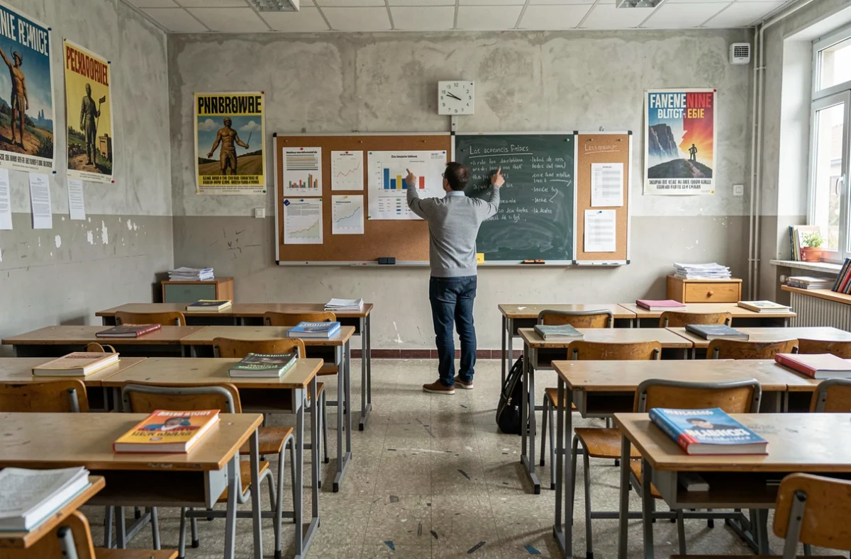 Enseignant dans une salle de classe d'école publique française illustrant le système de financement de l'éducation