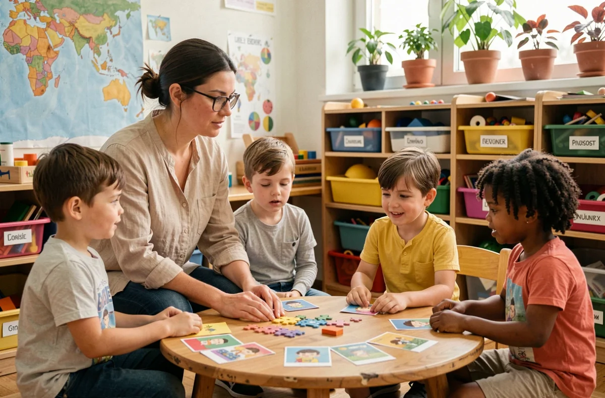 Une enseignante accompagne un groupe d'enfants dans une activité de jeu pédagogique autour d'une table remplie de puzzles et de matériel éducatif