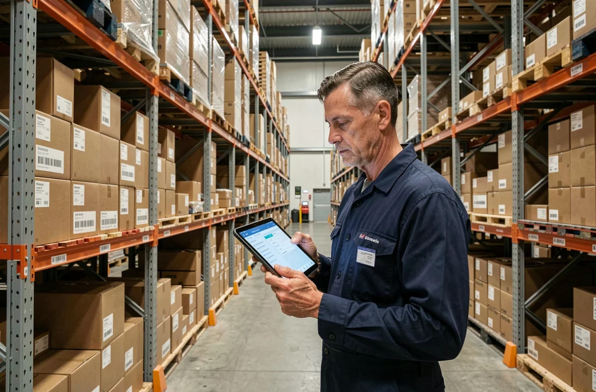 Employé de centre logistique inspectant des colis dans un entrepôt e-commerce représentant la concurrence du commerce en ligne