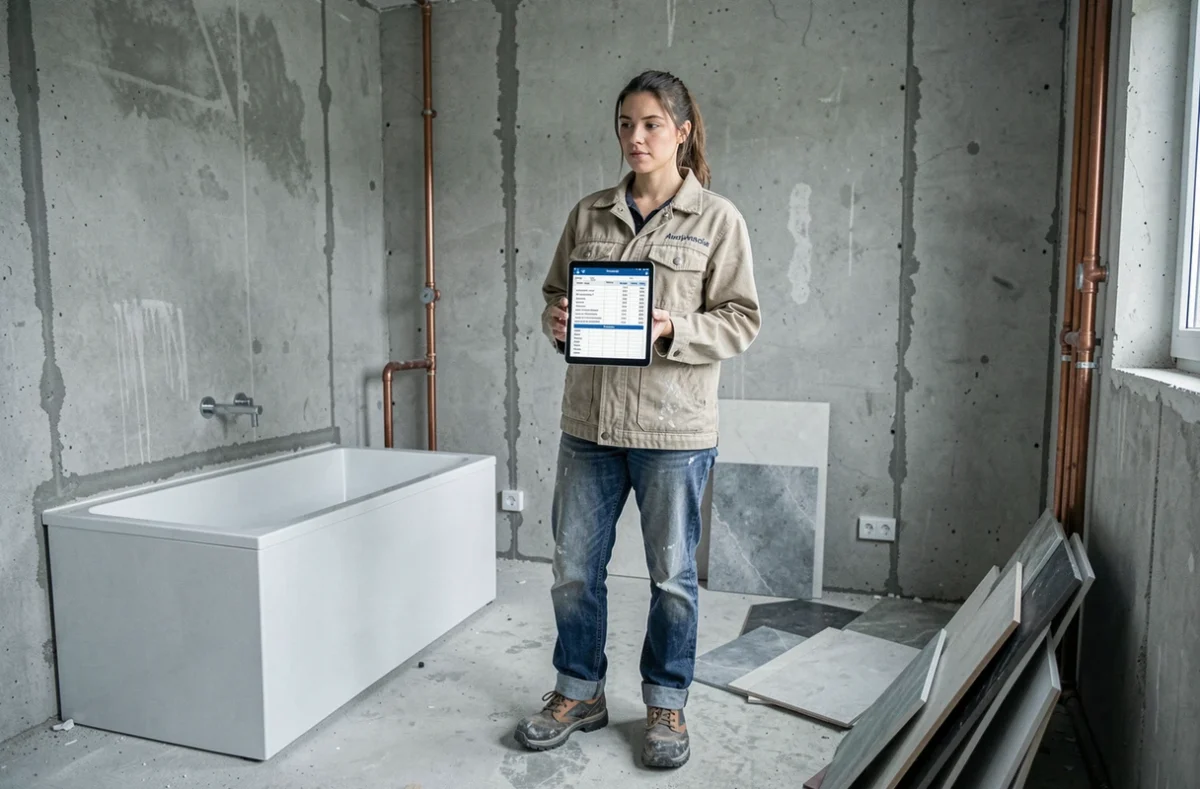 Entrepreneuse en bâtiment évaluant des travaux de rénovation de salle de bain éligibles à une déduction fiscale