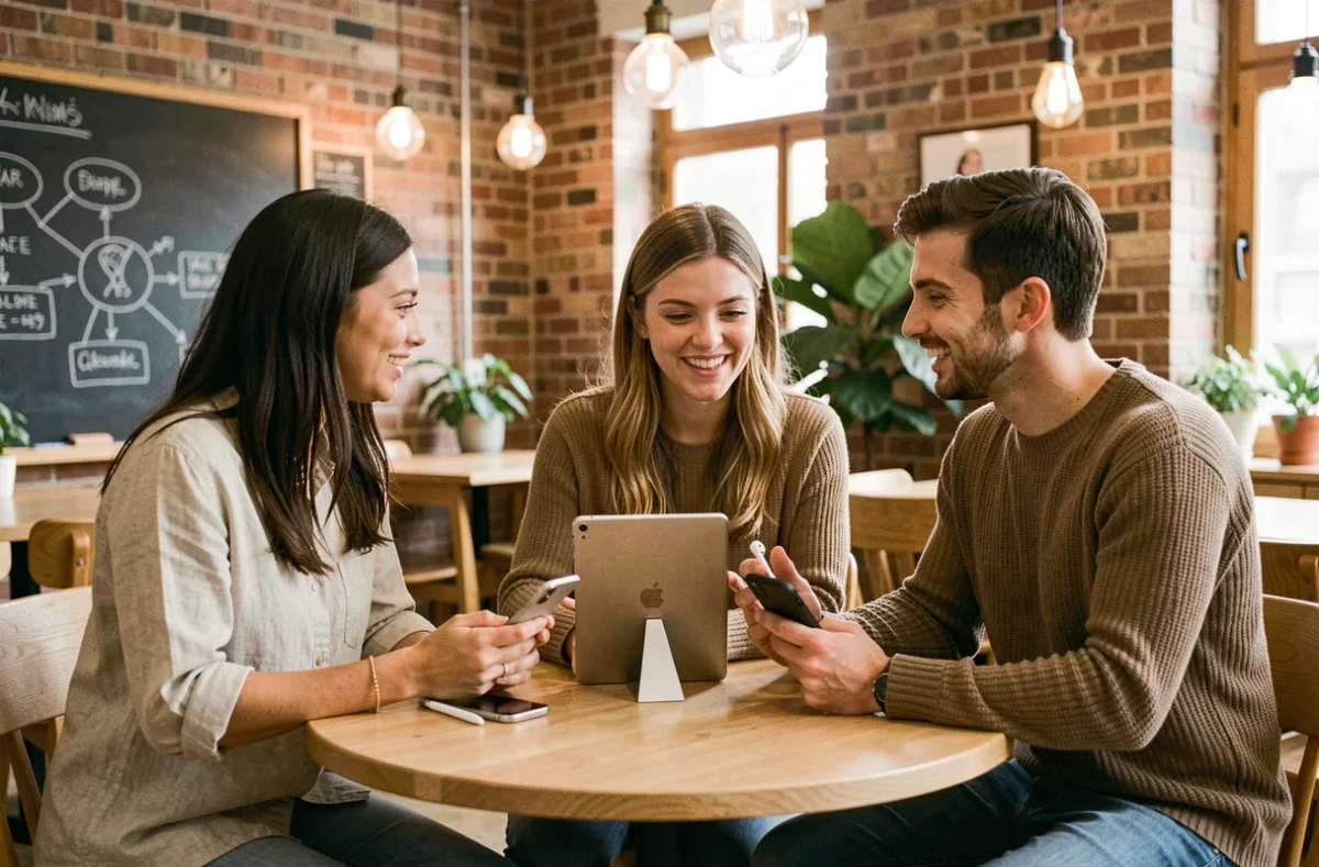 Trois jeunes professionnels collaborent autour de produits Apple dans un espace de coworking, illustrant l'écosystème innovant de la marque