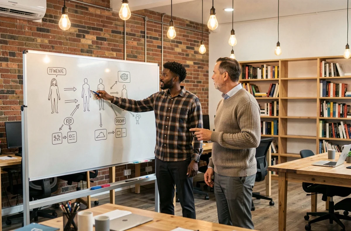 Équipe de professionnels débattant de l'impact de l'intelligence artificielle sur l'emploi humain autour d'un tableau blanc