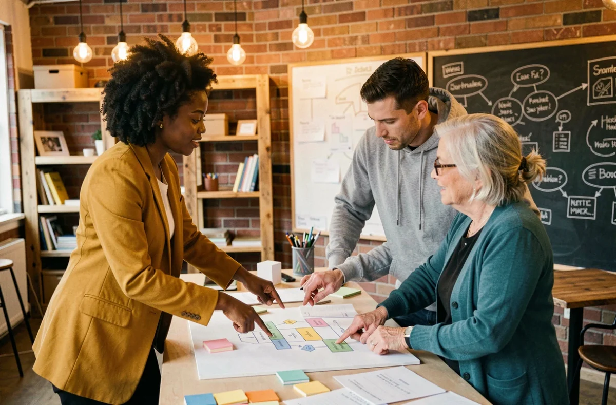 Équipe pluridisciplinaire collaborant sur un modèle d'innovation de rupture dans un espace de coworking