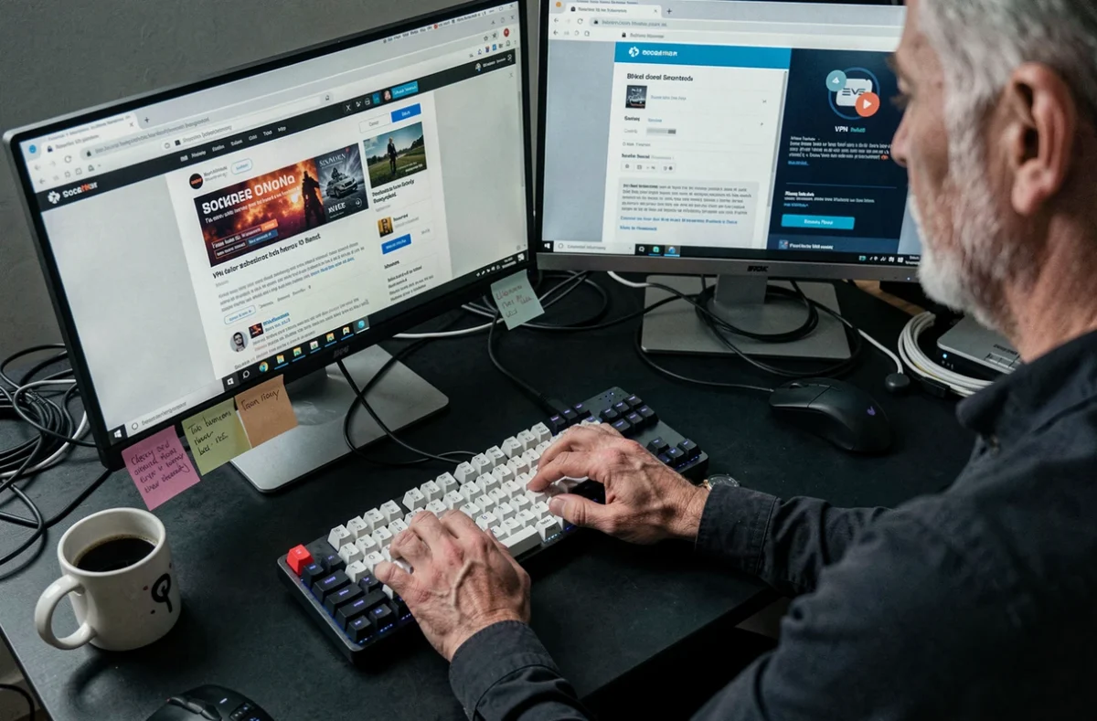 Mains tapant sur un clavier devant un écran montrant une erreur de VPN et un contenu bloqué