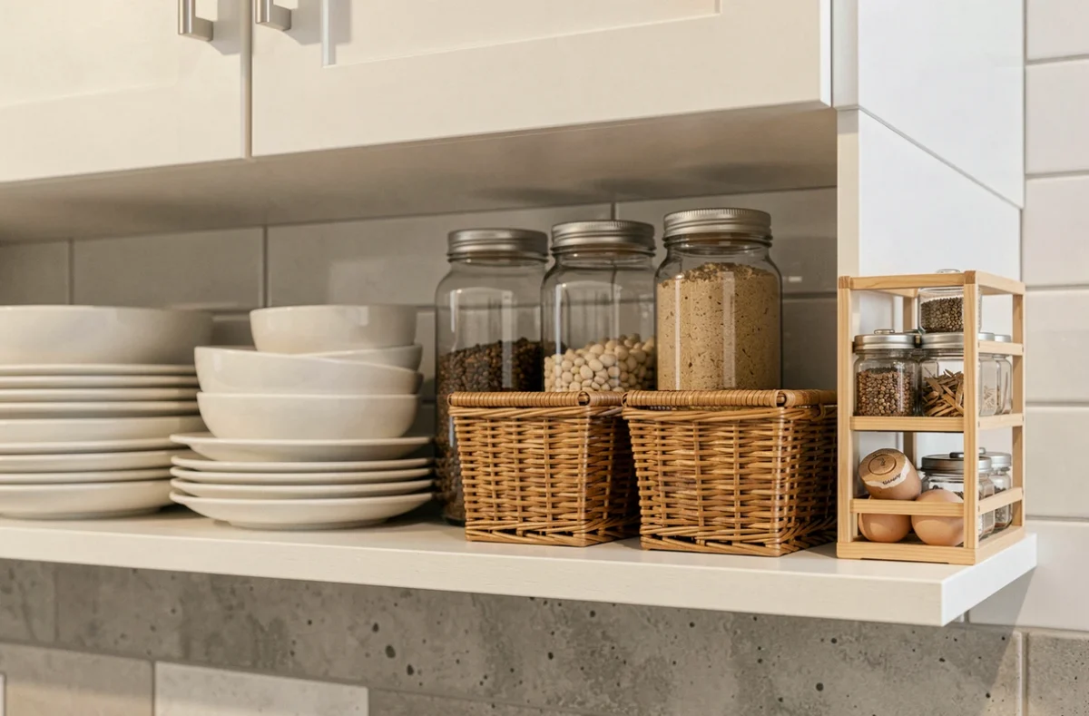 Étagère de cuisine bien organisée avec vaisselle empilée, bocaux en verre et paniers en osier pour maximiser l'espace de rangement
