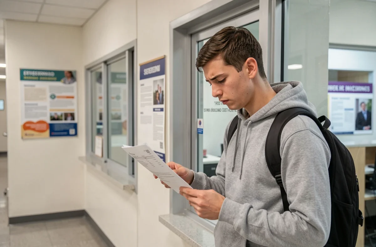 Jeune étudiant consultant un dossier d'aide financière au guichet des services universitaires