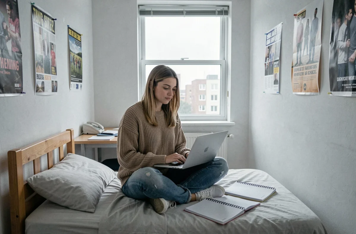 Étudiante travaillant dans son appartement loué, illustrant la situation de déduction fiscale du loyer par les parents