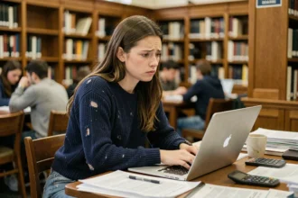 Étudiante en difficulté financière travaillant dans une bibliothèque universitaire avec des documents éparpillés et un ordinateur portable