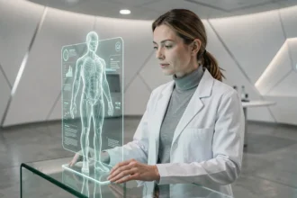 Scientifique étudiant un modèle anatomique holographique humain dans un laboratoire futuriste, illustrant l'évolution humaine dans 1000 ans
