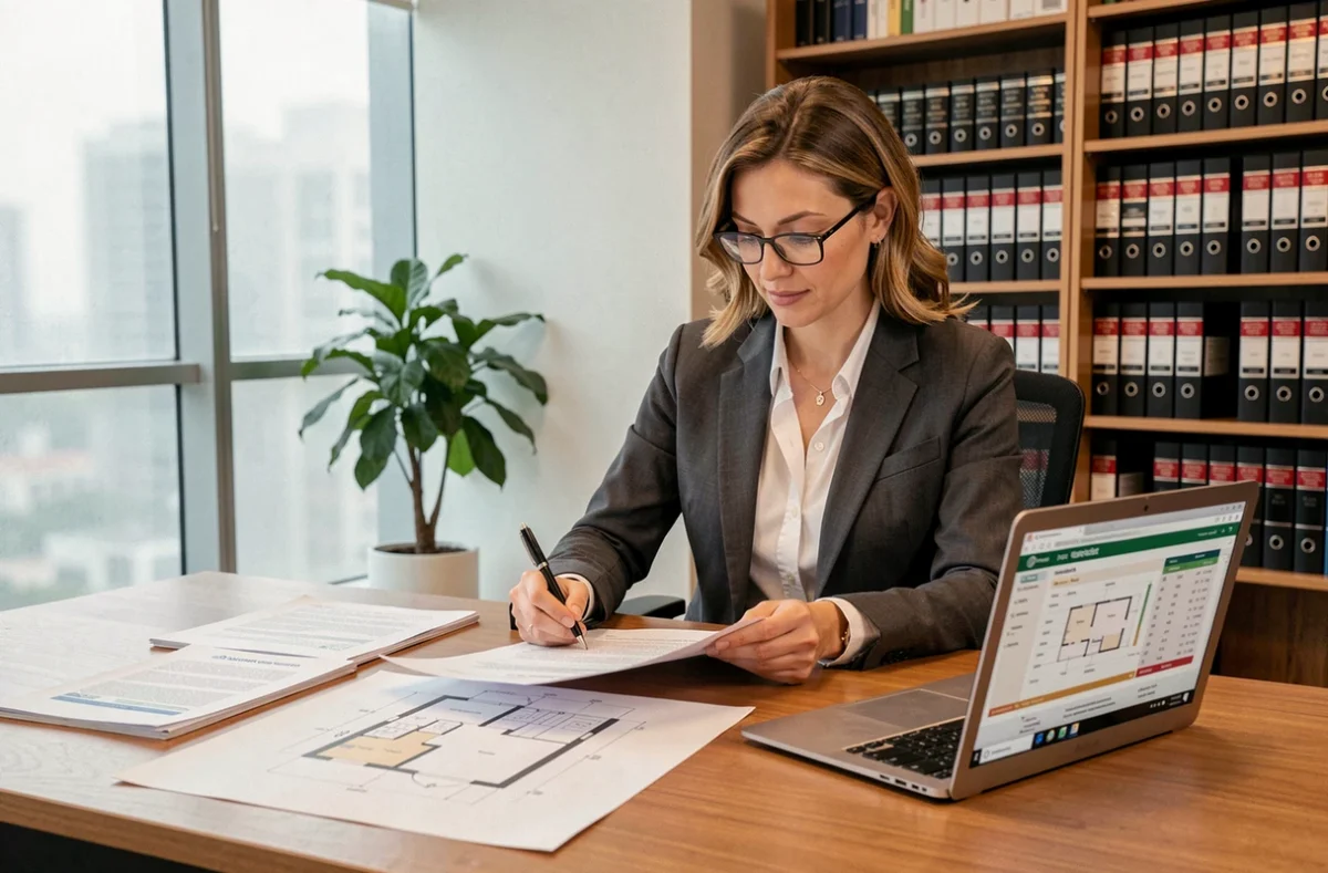 Experte immobilière certifiée analysant des plans et rapports d'expertise dans un bureau professionnel