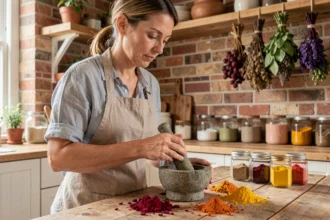 Femme préparant de la peinture naturelle maison en broyant des pigments végétaux dans un mortier en pierre sur une table en bois rustique