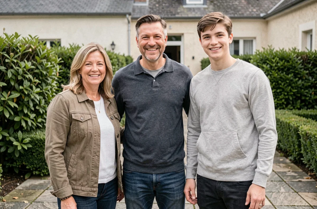 Une famille recomposée souriante réunie dans un jardin, symbolisant le lien affectif entre un beau-père et son bel-enfant adulte dans le cadre d'une adoption