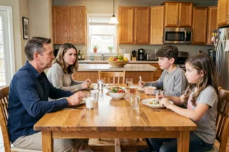 Famille recomposée réunie autour d'une table de cuisine en bois lors d'un repas du week-end, avec des expressions mixtes entre tension et curiosité