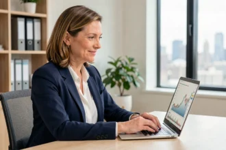 Femme professionnelle analysant des graphiques financiers sur un ordinateur portable dans un bureau moderne, illustrant les placements sans risques