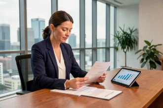 Femme cadre analysant des documents financiers SCPI dans un bureau moderne avec vue sur la ville