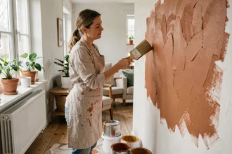 Femme appliquant une peinture naturelle à base de pigments minéraux sur un mur en plâtre dans un salon scandinave