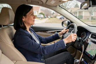 Femme d'une quarantaine d'années au volant d'une voiture automatique moderne, apprenant à conduire en boîte automatique