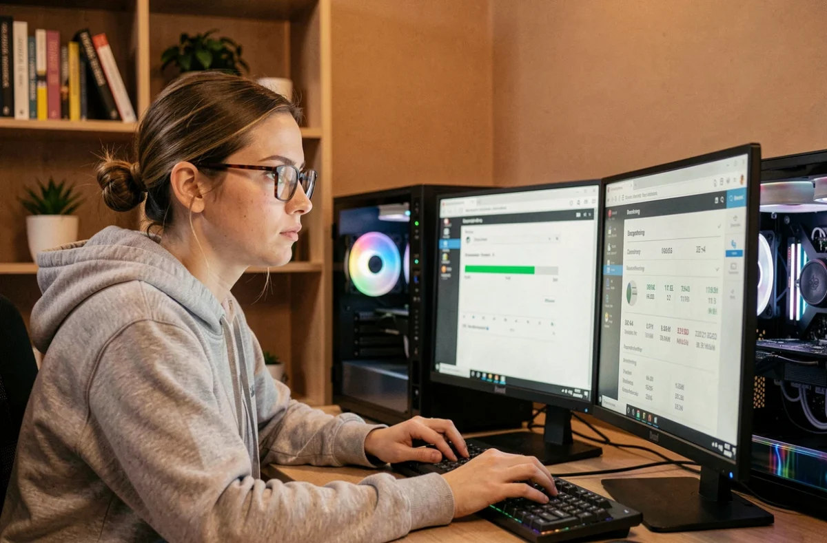 Femme analysant les performances de stockage sur son ordinateur avec un logiciel de benchmark affiché à l'écran